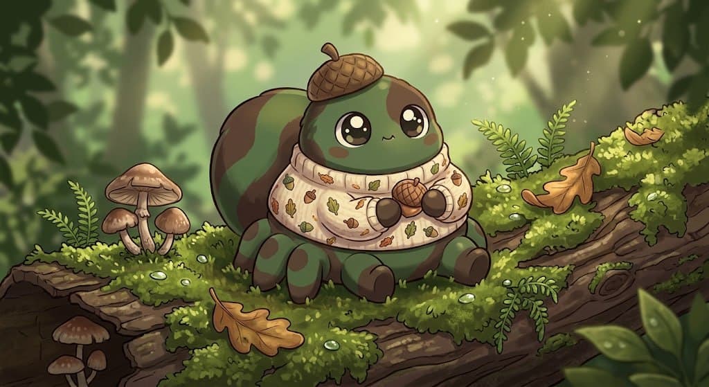 A mossy green Robkin in an acorn cap and leaf patterned sweater, sitting on a fallen log