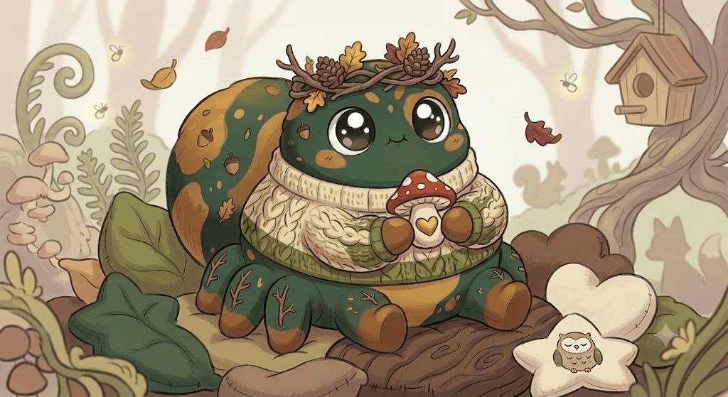 A Robkin in a knitted sweater, holding a mushroom in a mossy autumn grove